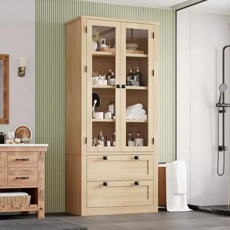Mobile dispensa da cucina colonica con ante in vetro, armadio contenitore da 72 pollici con cassetti e ripiani regolabili per sala da pranzo, bagno, soggiorno