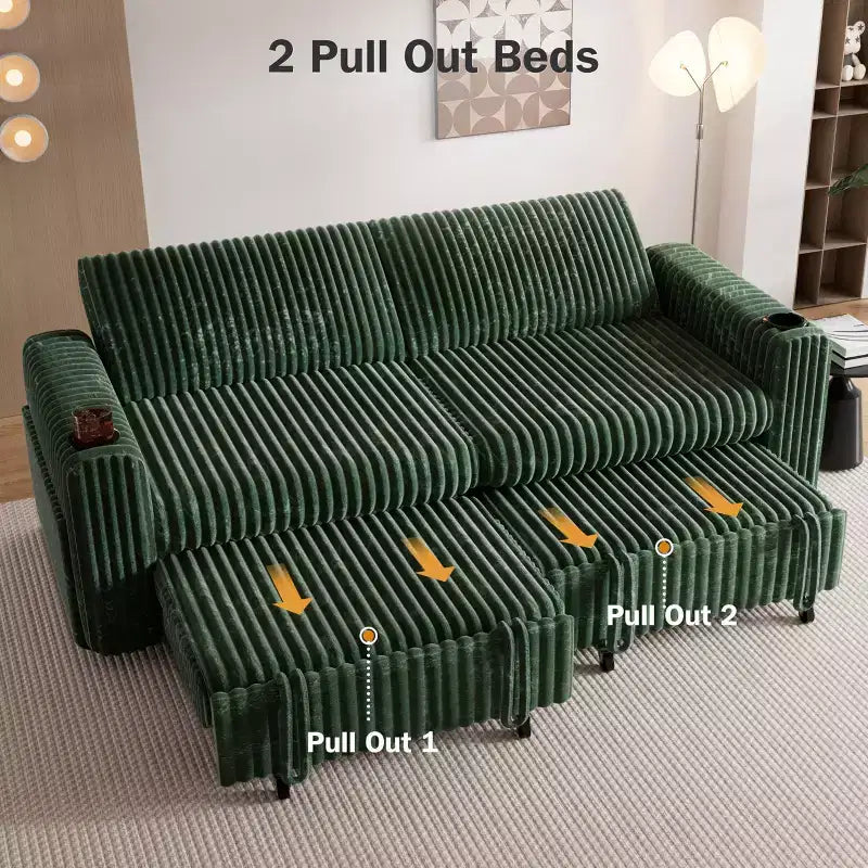Divano letto componibile Dyonery 91 con letto estraibile, schienale reclinabile/due letti estraibili/porte USB/portabicchieri, velluto a coste felpato