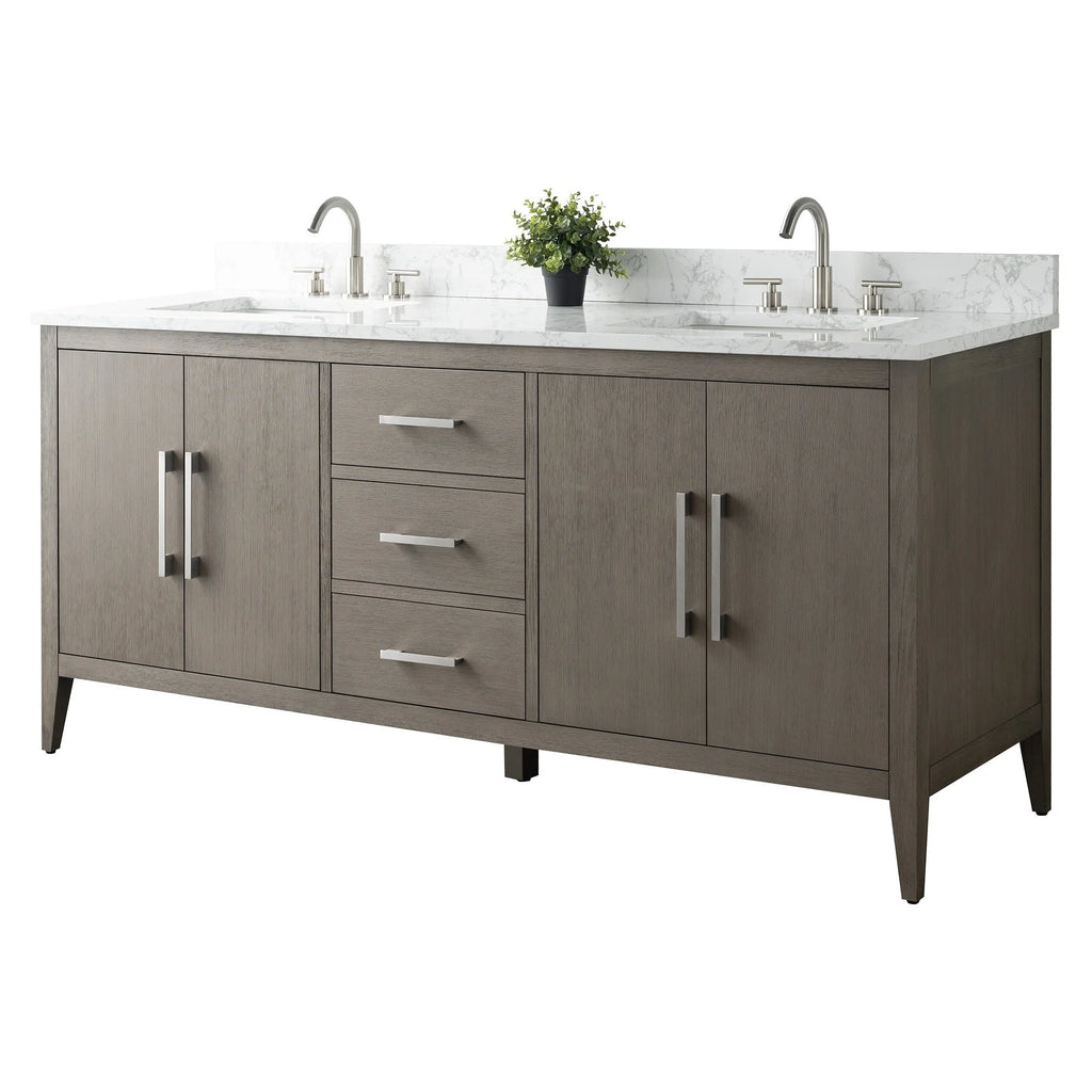 Mobile lavabo doppio Vanity Art 72 per bagno, con top in marmo tecnico