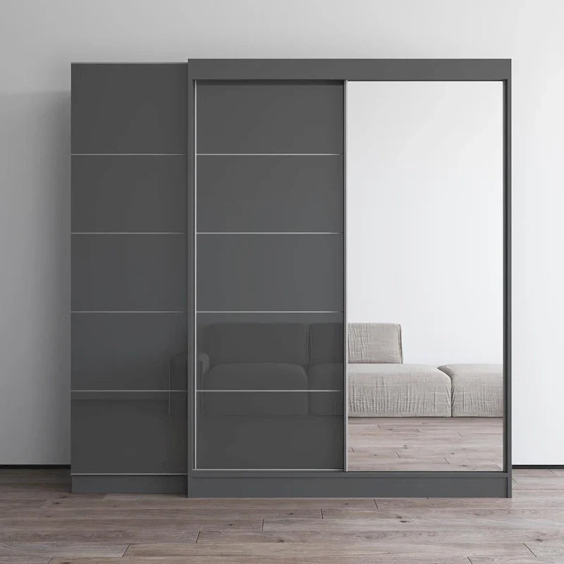 Armadio a 2 ante con specchio, frontale in vetro, 2 persone (grigio / nero / bianco)