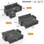 Divano letto estraibile 2 in 1 con chaise longue contenitore, divano sezionale in ciniglia con porte USB per soggiorno
