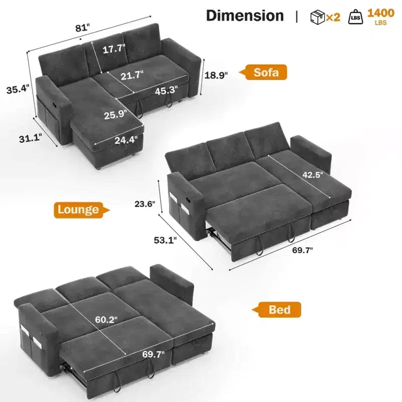 Divano letto estraibile 2 in 1 con chaise longue contenitore, divano sezionale in ciniglia con porte USB per soggiorno
