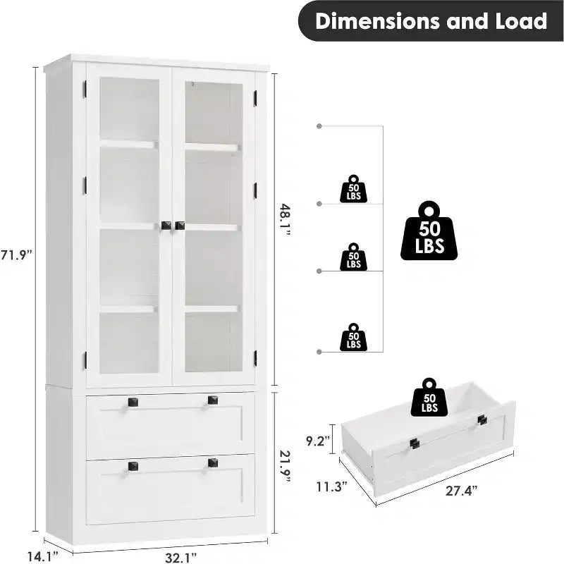 Mobile dispensa da cucina colonica con ante in vetro, armadio contenitore da 72 pollici con cassetti e ripiani regolabili per sala da pranzo, bagno, soggiorno