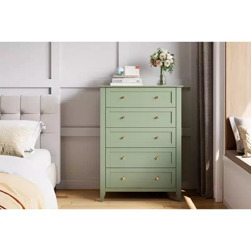Cassettiera a 5 cassetti alta 108 cm per camera da letto, armadietto in legno con cassetti profondi 30 cm e pomelli in metallo dorato, ideale per ingresso o corridoio