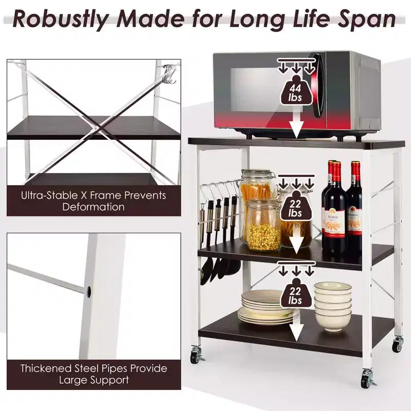 Scaffale da Cucina a 3 Livelli Costway, Carrello per Forno a Microonde con Gancio
