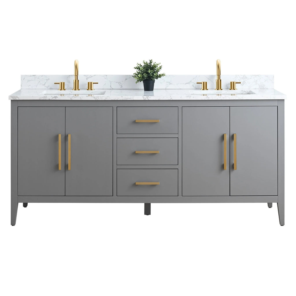 Mobile lavabo doppio Vanity Art 72 per bagno, con top in marmo tecnico