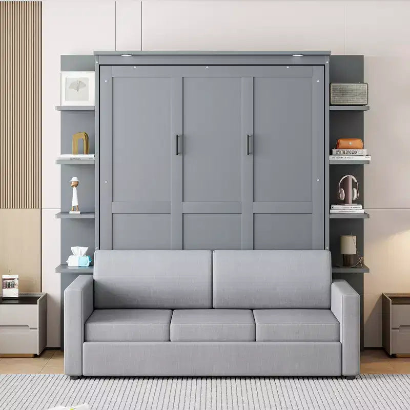 Letto a scomparsa Whisen Modern Design con struttura in legno, Queen Size, con divano e mensole