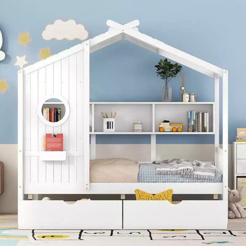Letto in legno a forma di casa Twin/Full Size con 2 cassetti, letto per bambini con scaffale portaoggetti - ModernLuxe