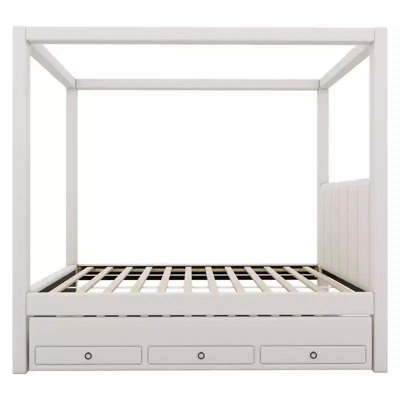 Letto a baldacchino in tessuto di lino full size con letto estraibile e tre cassetti portaoggetti