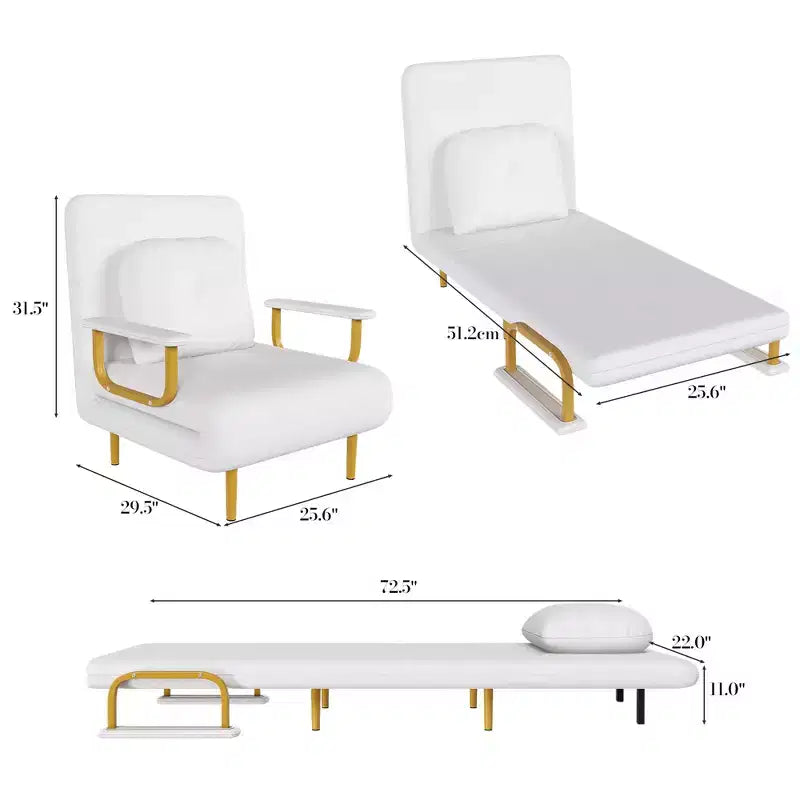 Divano Letto Pieghevole 3-in-1 Convertibile a Poltrona - Schienale Regolabile in 5 Posizioni con Cuscino, Salvaspazio per Soggiorno, Camera da Letto e Ufficio (Bianco)