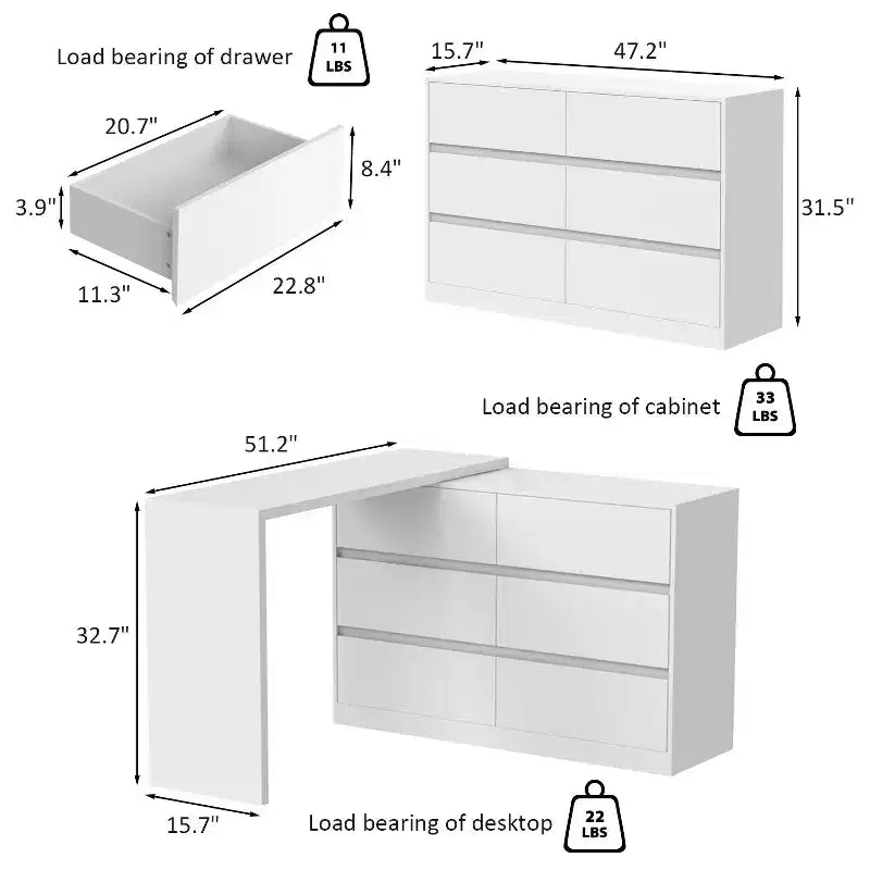 Credenza da buffet intelligente girevole/allungabile con 6 cassetti, piano d'appoggio esteso, tappetino antiscivolo, tavolo da pranzo girevole, isola per cucina/dispensa