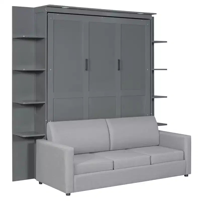 Letto a scomparsa Whisen Modern Design con struttura in legno, Queen Size, con divano e mensole