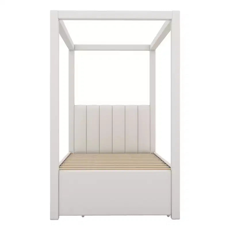 Letto a baldacchino in tessuto di lino full size con letto estraibile e tre cassetti portaoggetti