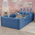 Letto a piattaforma Whisen Twin, struttura letto imbottita per bambini con cuscino a coniglio, sponde laterali rimovibili