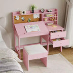 Set Scrivania e Sedia per Bambini, Tavolo da Studio in Legno con Piano Inclinabile Regolabile, Cassetti e Bacheca in Sughero - Set Scrivania per la Scuola dei Bambini