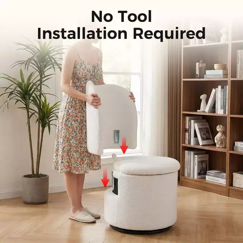 Sedia da toilette girevole con contenitore, Sgabello da trucco rotondo imbottito con schienale, Poltroncina a botte imbottita per camera da letto e soggiorno