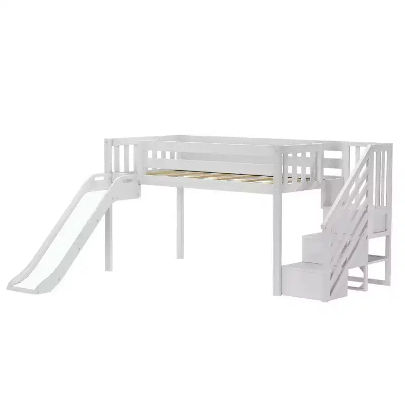 Letto a soppalco basso per bambini con scivolo e scale, legno massiccio, 14 sponde protettive, capacità 181 kg