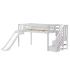 Letto a soppalco basso per bambini con scivolo e scale, legno massiccio, 14 sponde protettive, capacità 181 kg