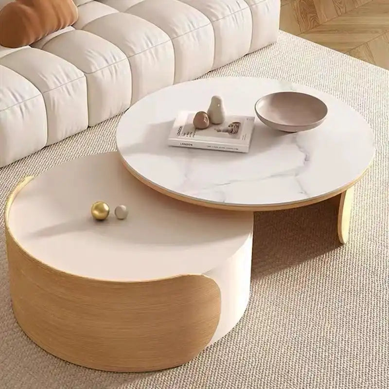 Tavolino moderno rotondo, piano in pietra, legno naturale - 50 x 31.5