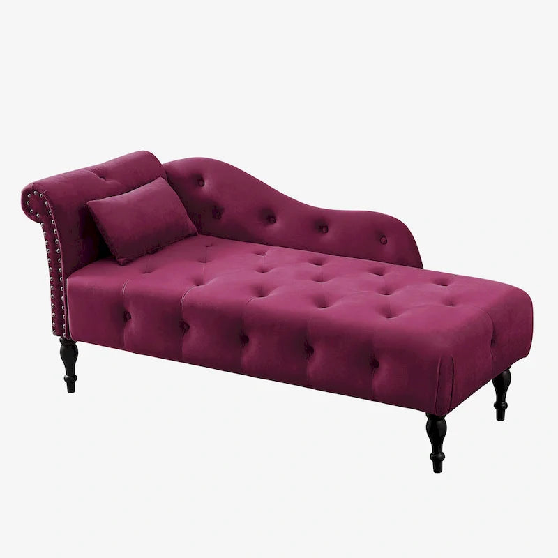 Moderna Chaise Longue da 60.6" in Velluto Imbottito con Bottoni Capitonnè, Gambe in Legno Massello e Borchie