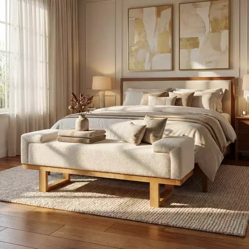 Panca imbottita in boucle Paulina Modern Rubberwood Christopher Knight Home