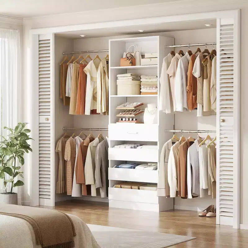 Besiost Sistema Organizer per Armadio in Legno 4-9 piedi con 4 Cassetti, 4 Aste Appendiabiti e Torri Scaffale