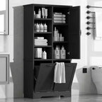 Mobiletto da bagno con ante e cassetti, cesto portabiancheria a ribalta, diversi vani portaoggetti, stile autoportante