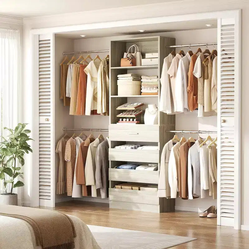 Besiost Sistema Organizer per Armadio in Legno 4-9 piedi con 4 Cassetti, 4 Aste Appendiabiti e Torri Scaffale