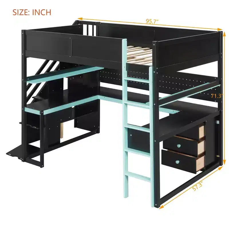Letto a soppalco da gaming in legno Scott di GDFStudio con scale contenitore, scrivania, mensole e pannello forato