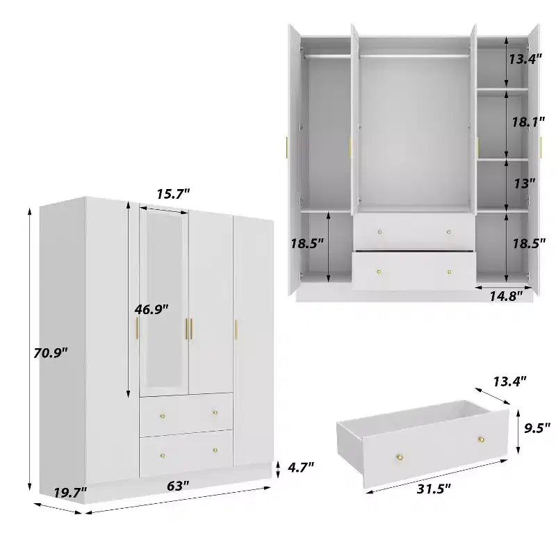 Armadio Hitow con 2 cassetti grandi, zona appendiabiti centrale con specchio, stile minimalista