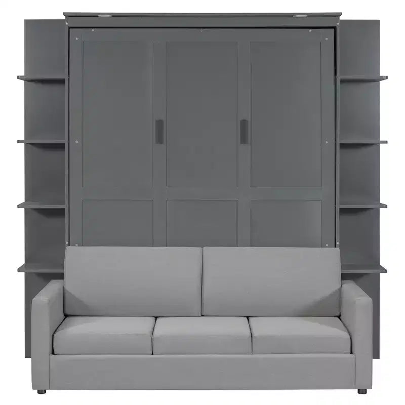 Letto a scomparsa Whisen Modern Design con struttura in legno, Queen Size, con divano e mensole