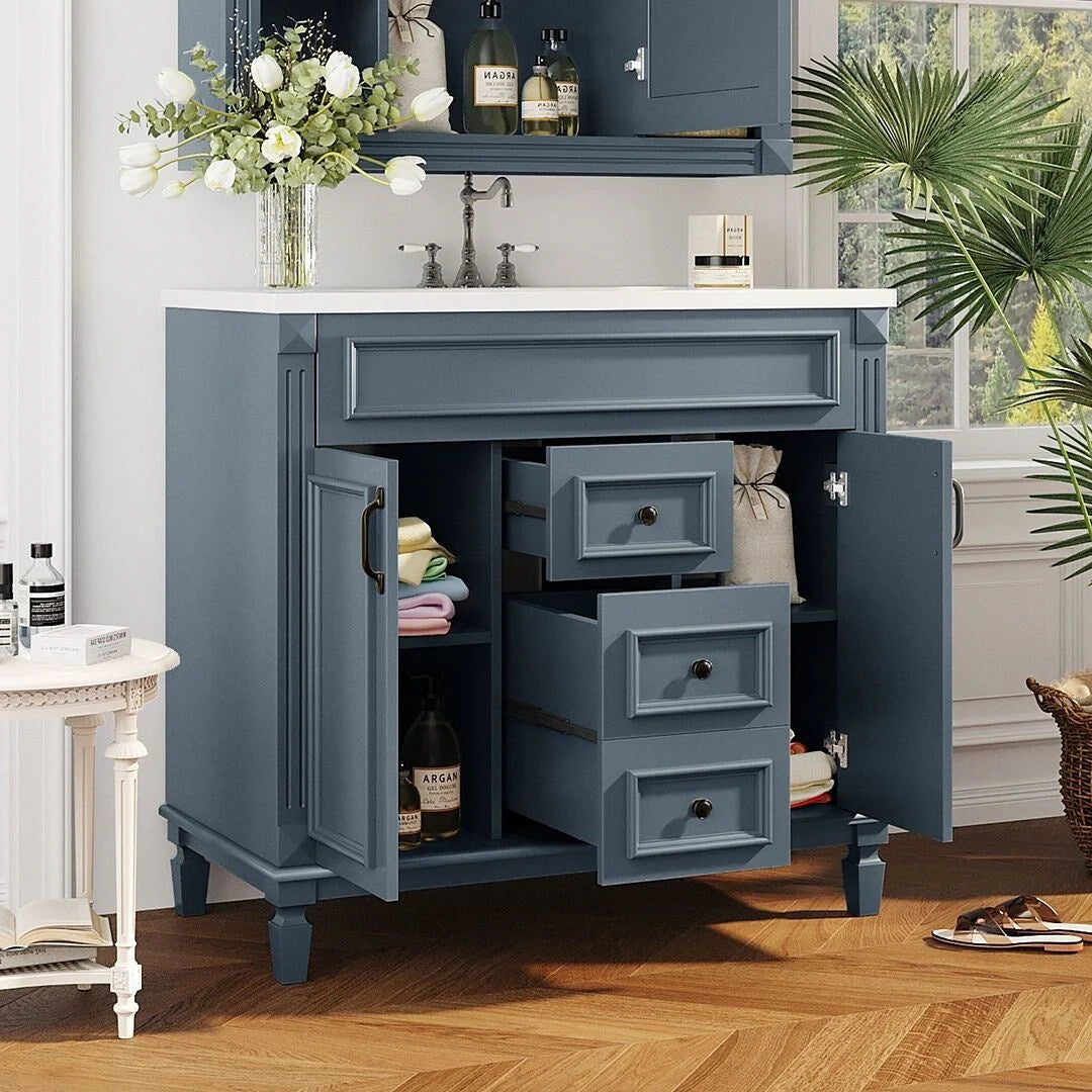 Mobile bagno moderno da 90 cm con lavabo integrato e specchiera, 2 ante e 2 cassetti