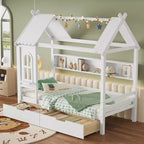 Letto a capanna con cassetti contenitori e finestra, struttura in legno massello con mensole, design giocoso infantile, bianco chiaro
