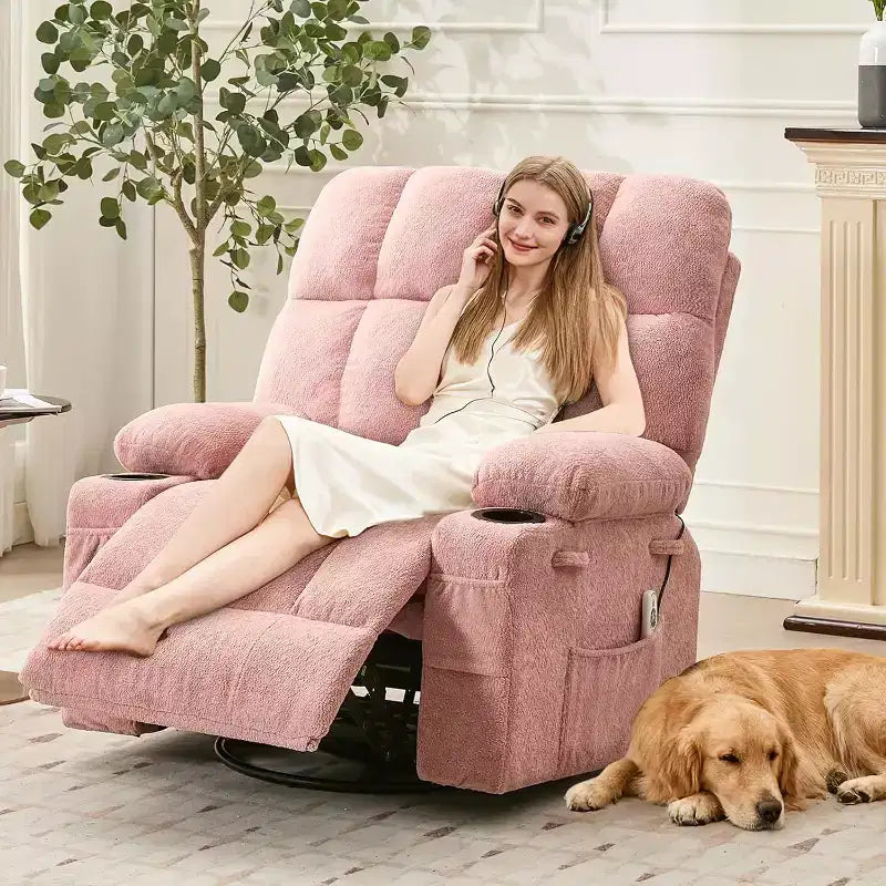 Poltrona reclinabile oversize per adulti, divano a dondolo girevole manuale, tasche laterali e portabicchieri per persone robuste e alte, soggiorno