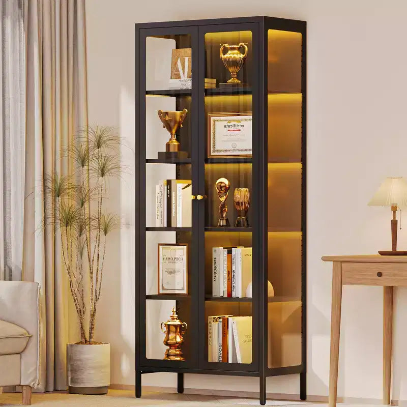 Bekrvio 67H Vetrina in Vetro a 3 Lati con Luci a LED, Mobile Contenitore a 5 Livelli con Doppie Ante e Cornice Metallica per Oggetti da Collezione, Ideale per Spazi Piccoli