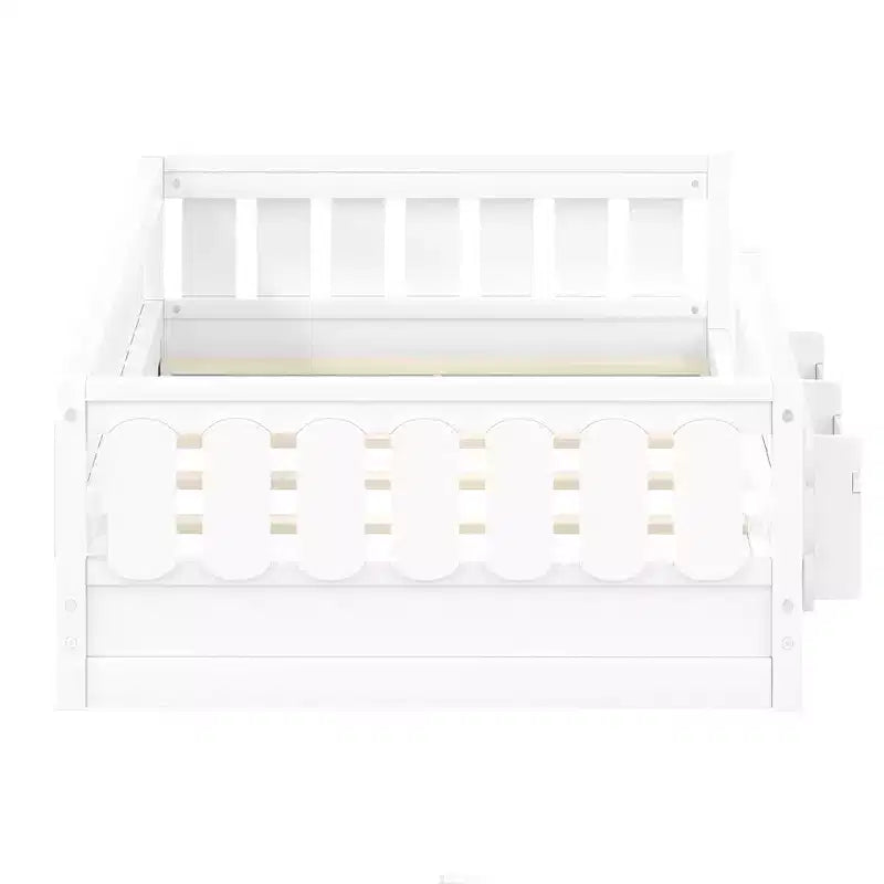 Struttura letto a piattaforma per bambini, dimensioni singola e una piazza e mezza, con spondina, librerie e ripiani portaoggetti integrati