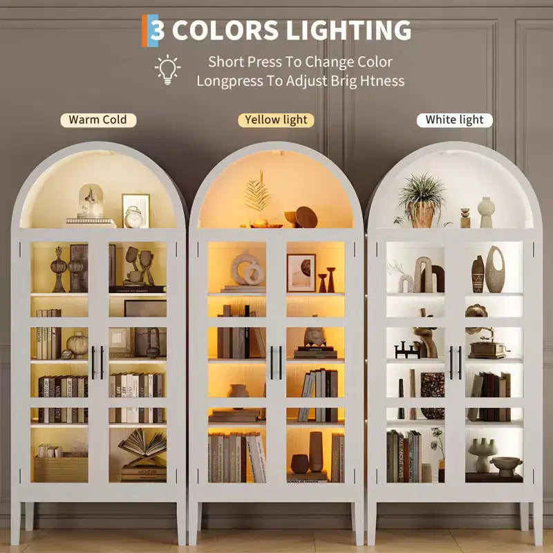 Mobiletto contenitore, Nero/Bianco, Stile ad arco, Singolo, Alto 71 con Luci LED e Ante in Vetro