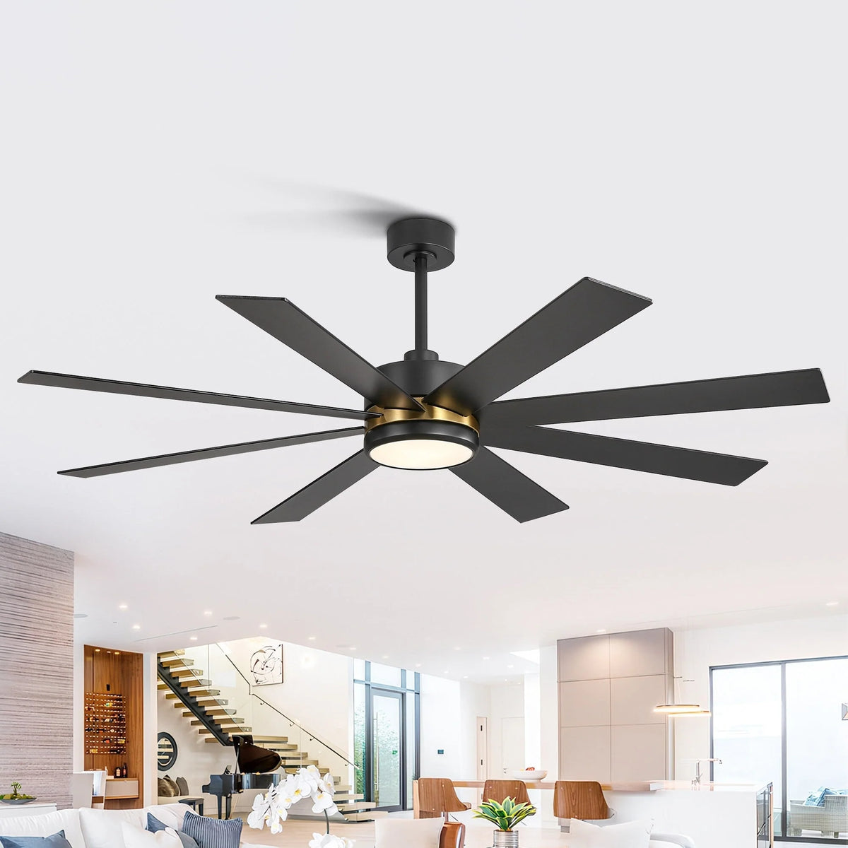 Ventilatore da soffitto nero da 65 pollici a 8 pale con luce LED e telecomando