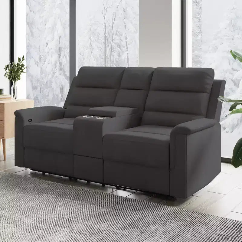 Divano a 2 posti reclinabile in tessuto tecnico beige/grigio con schienale e poggiapiedi regolabili
