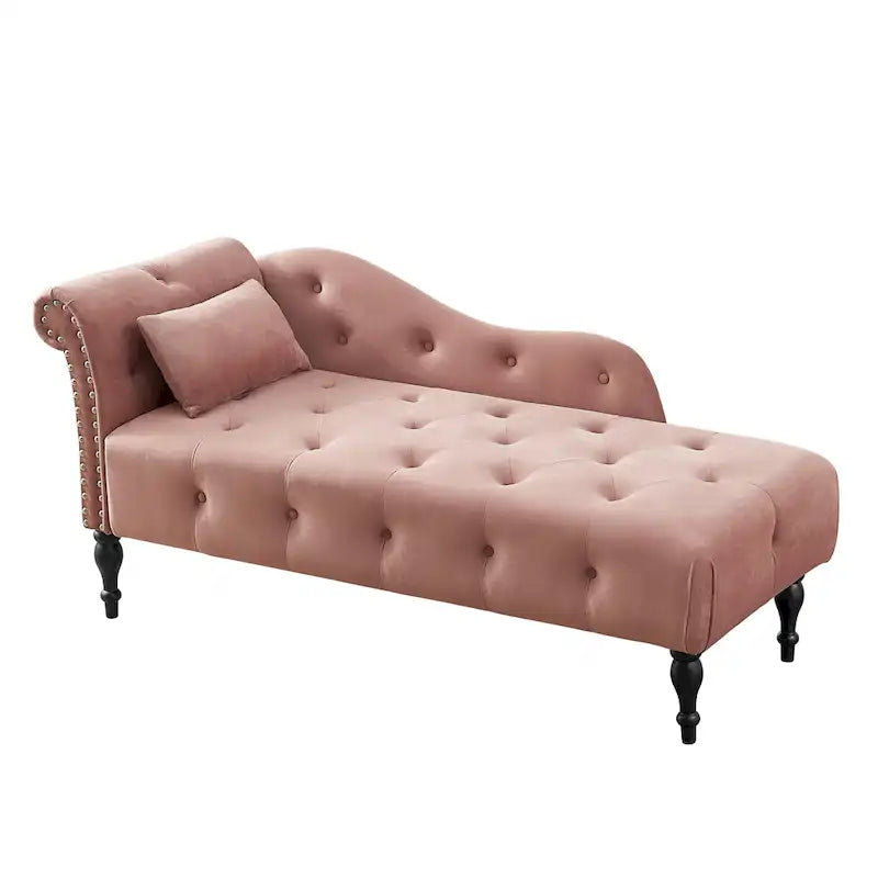 Moderna Chaise Longue da 60.6" in Velluto Imbottito con Bottoni Capitonnè, Gambe in Legno Massello e Borchie