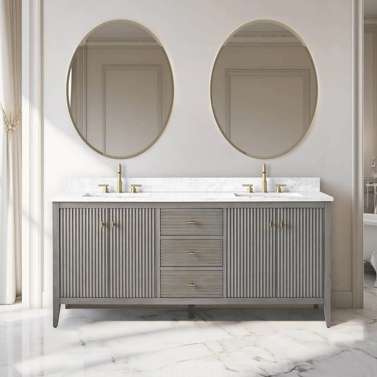 Mobile lavabo doppio Vanity Art 72 per bagno, con top in marmo tecnico