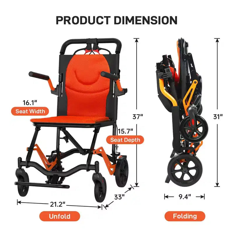 Sedia a rotelle da trasporto pieghevole ultraleggera, supporta 100 kg, telaio in alluminio da 8 kg, seduta da 41 cm, braccioli e poggiapiedi rimovibili, freno a mano bloccabile