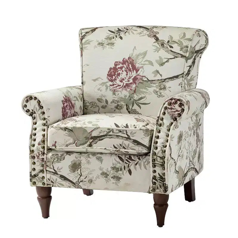 Poltrona Araceli Tradizionale in Legno Imbottita Floreale con Schienale Alto e Borchie | ART OF LIVING DESIGNS