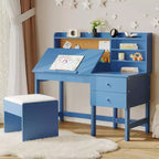 Set Scrivania e Sedia per Bambini, Tavolo da Studio in Legno con Piano Inclinabile Regolabile, Cassetti e Bacheca in Sughero - Set Scrivania per la Scuola dei Bambini