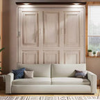 Letto a scomparsa matrimoniale con divano, letto a scomparsa matrimoniale in legno con luce a LED, letto a scomparsa pieghevole per camera degli ospiti, beige