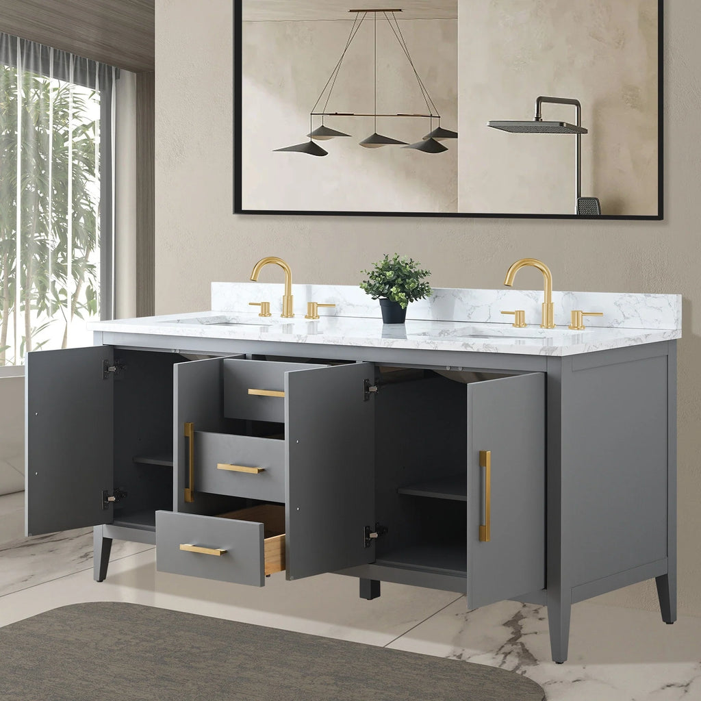 Mobile lavabo doppio Vanity Art 72 per bagno, con top in marmo tecnico