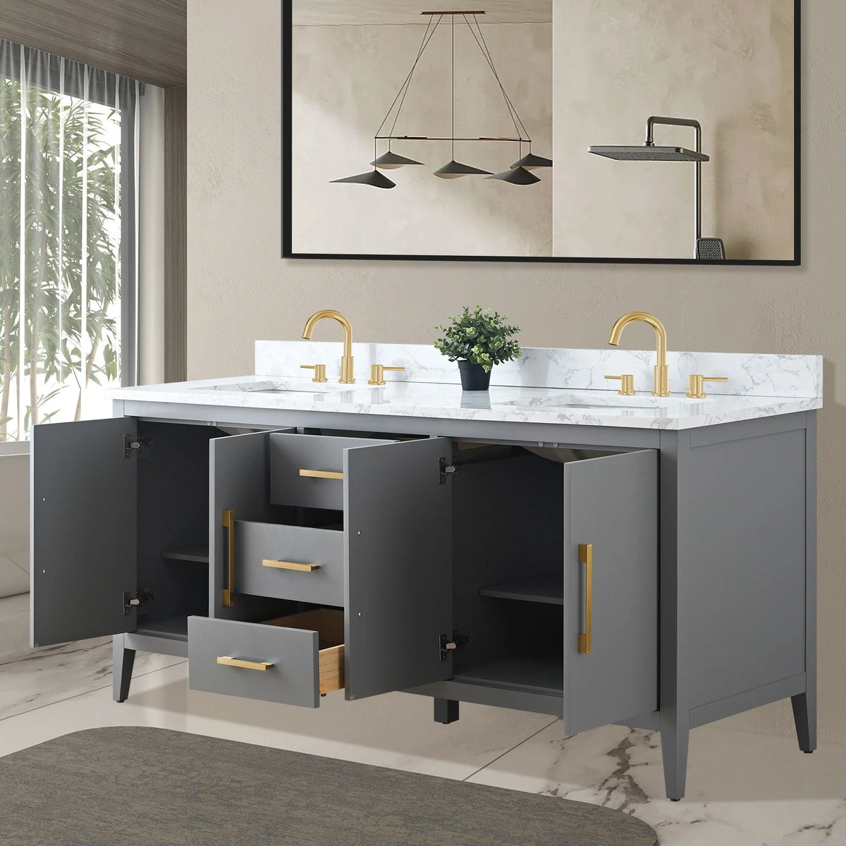 Mobile lavabo doppio Vanity Art 72 per bagno, con top in marmo tecnico