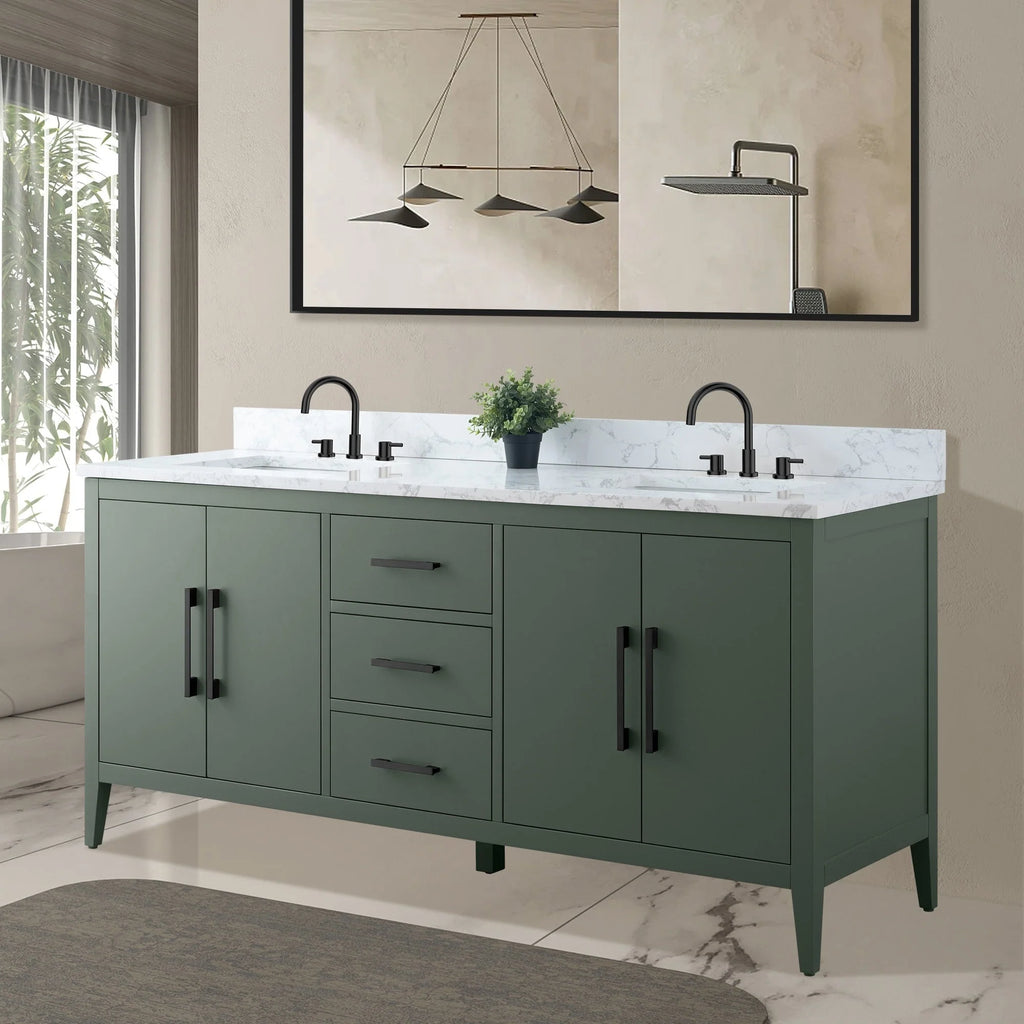 Mobile lavabo doppio Vanity Art 72 per bagno, con top in marmo tecnico