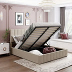 Letto imbottito Queen size con sistema di sollevamento idraulico e vano contenitore - Beige