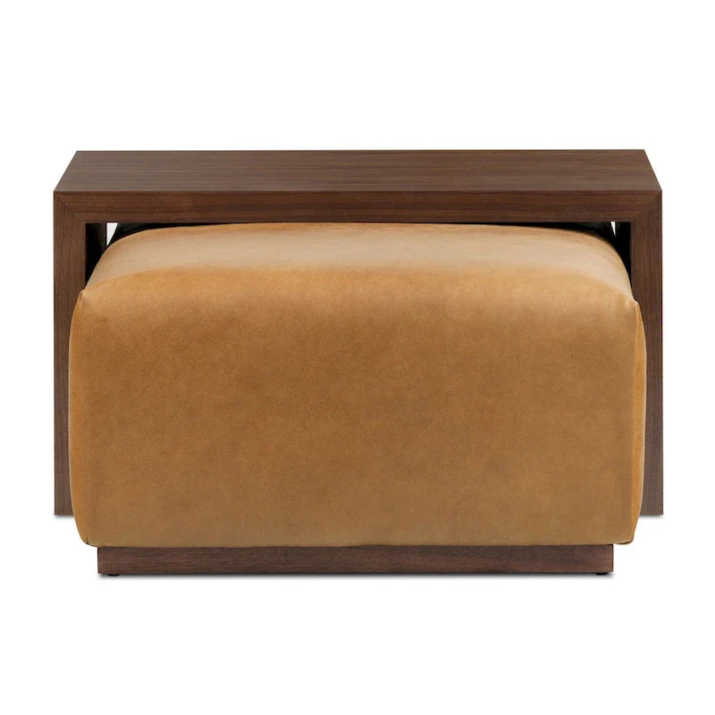 Poly & Bark Pouf Jarmo con Tavolino Regolabile in Noce - Vera Pelle Italiana Pieno Fiore